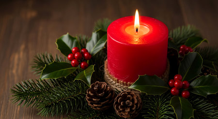 Red Christmas Candle with Pinecones and Evergreen Holiday Decor Close-Upの素材