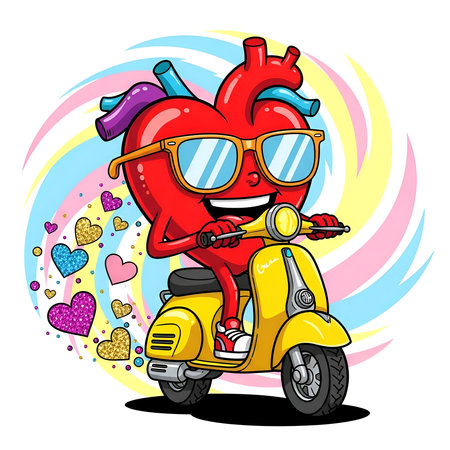 Cool Smiling Heart on Scooter with Glitter Trail, Funny Valentine Illustrationの素材