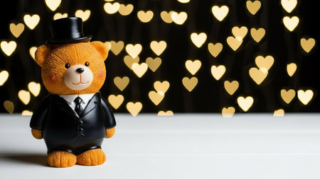 Teddy Bear in Tuxedo with Heart Bokeh Backgroundの素材