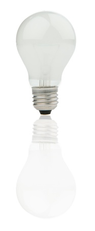 One light bulb, reflection and white background.の写真素材