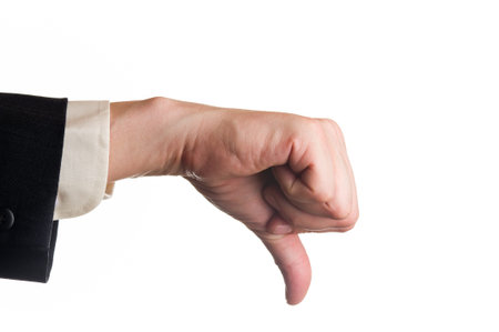 Thump down, man has a suit sleeve, white isolated background 