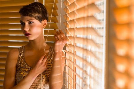 Young sexy brunette and venetian blind, warm lightの写真素材