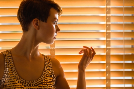 Young sexy brunette and venetian blind, warm lightの写真素材