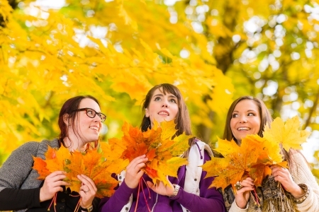 Three sisters have a fun together on autumnal parkの写真素材