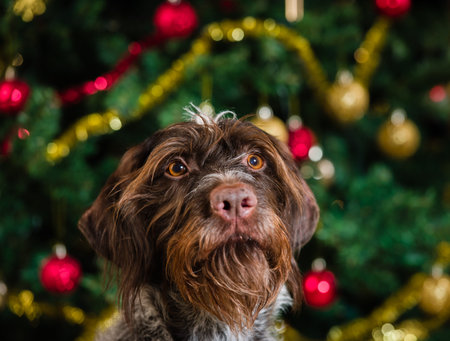Adult German wirehaired pointer, Christmas tree on background, horizon format