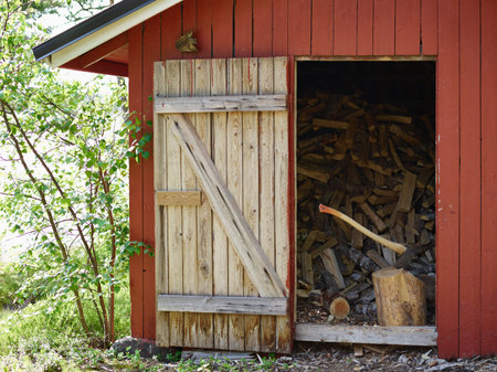 An axe and the woodpile inside a storage