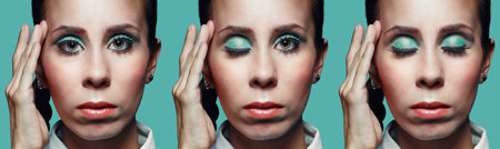 Three faces - from open eyes to closed eyesの写真素材