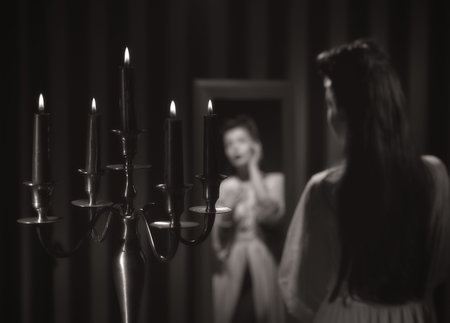  black and white, a beautiful  woman, focus on candle - minimal lighting and strong contrastの写真素材