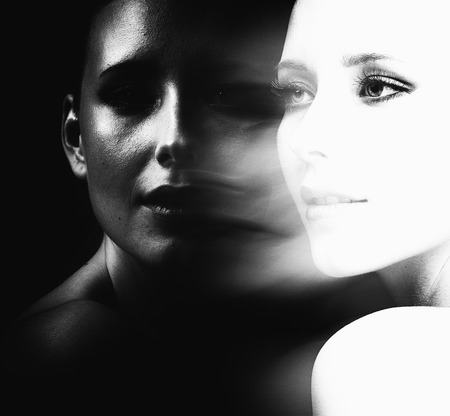 Beautiful woman face and reflection, perfect makeup, beauty and fashion, black and white imageの写真素材