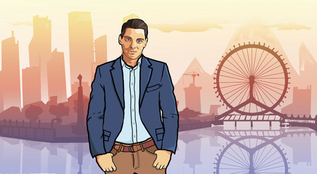 Confident businessman standing on background of city, the concept  a successful person.の写真素材