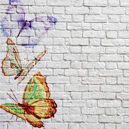 graffiti beautiful butterflies on a brick wallの写真素材