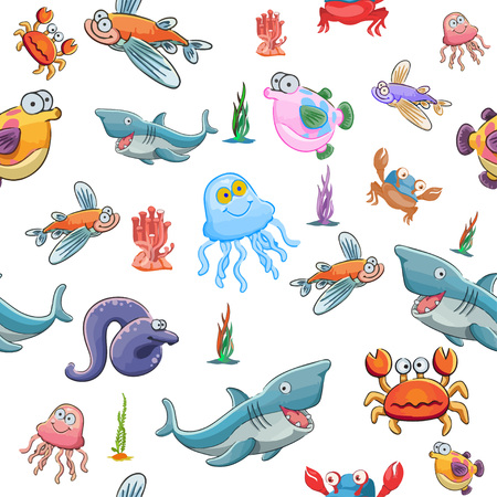 A beautiful collection of cute fish isolated on white background, seamless backgroundのイラスト素材