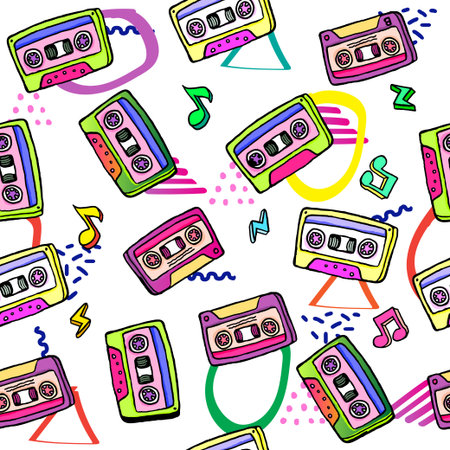Retro cassette in flat style. Seamless pattern.のイラスト素材