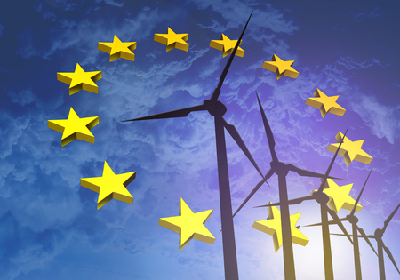 Wind turbines on the background of the flag EU Europeの写真素材