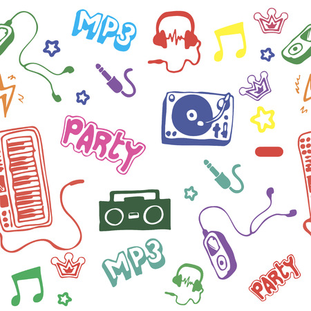 Seamless pattern, punk rock music on white background. Doodle design elements, emblems and icons.のイラスト素材