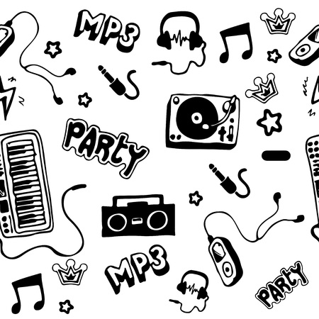 Seamless pattern. Punk rock music on white background. Doodle design elements, emblems, badges and icons.のイラスト素材