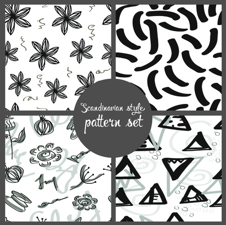 set of black and white Scandinavian-style patterns, abstract flowers and chaotic stripesのイラスト素材