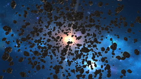 flying through asteroids in space, with sunlightの写真素材