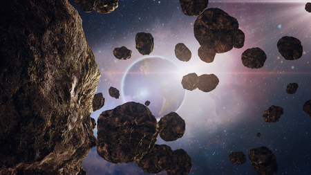 flight through the asteroids in space, the planet Saturn, with its bright glareの写真素材