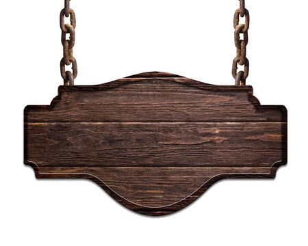 wooden dark plate hanging on chains isolated on white backgroundの写真素材