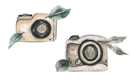 Vintage watercolor camera. Hand Drawn watercolor illustration..Isolated on a white background.の写真素材