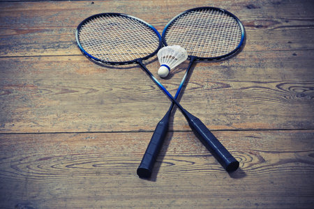 Vintage badminto racquets with shuttlecockの写真素材