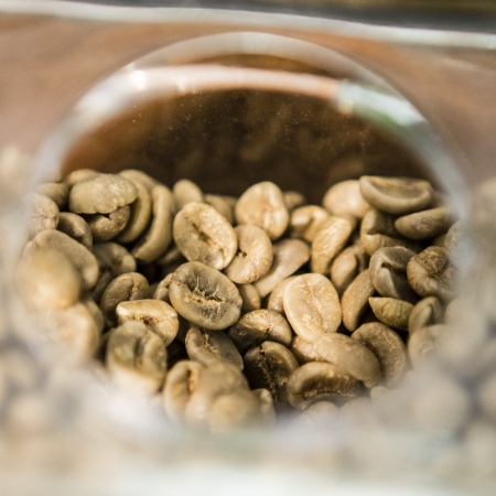 Unroasted coffee beans in the glassの写真素材