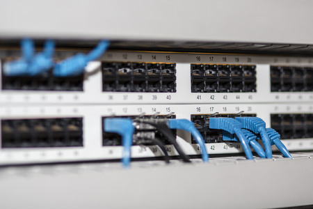 Server panel with blue cables and connectorsの写真素材