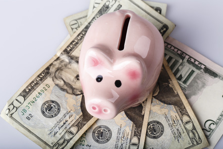pig money box on dollar banknotes - white backgroundの写真素材