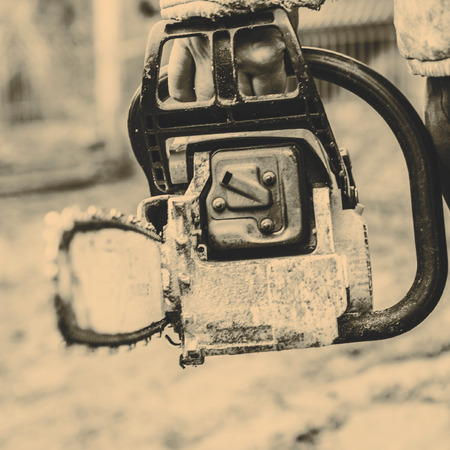 Man sawing a log in his back yard with orange sawの写真素材