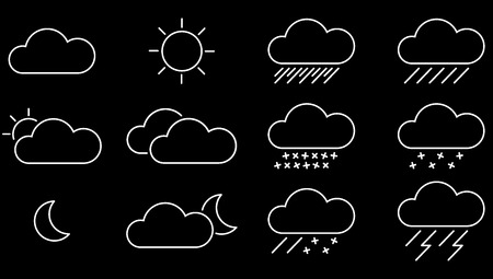 set of white weather icons with black backgroundの写真素材