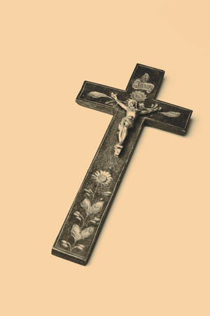 Beautiful old wooden cross with Jesus on white backgroundの写真素材