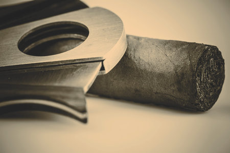 Expensive cigar and cutter on a white background