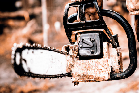 Man sawing a log in his back yard with orange sawの写真素材