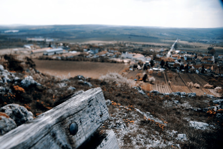 Bench and village - south Czech Repulicの写真素材