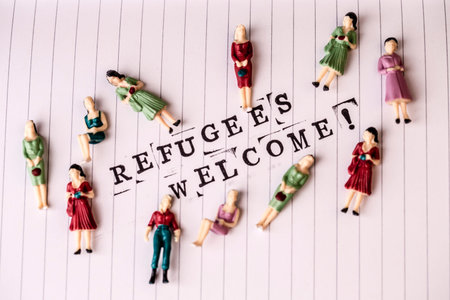 refugees welcome text on white line paper with woman figures around