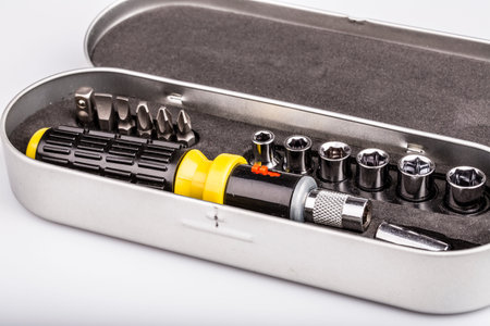 toolkit in the silver box, set of tools for repair, gift for handyman, on white background