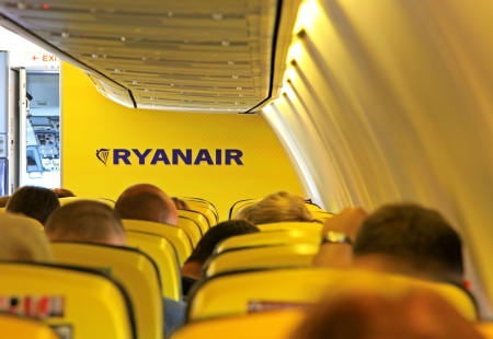 KATOWICE, POLAND - SEPTEMBER 6  Interior of Boeing 737-800 of low cost airlines Ryanair at Katowice international airport on September 6, 2013 in Katowiceのeditorial素材