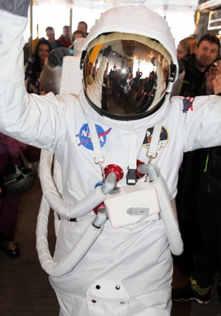 JASNA, SLOVAKIA - DECEMBER 28  Astronauts during opening new restaurant Rotunda on hill Chopok in ski resort Jasna - Low Tatras mountains on December 28, 2013 in Jasna のeditorial素材