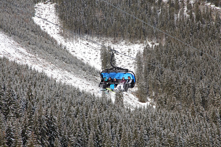 JASNA, SLOVAKIA - FEBRUARY 15  Modern cableway in ski resort Jasna - Low Tatras mountains on...