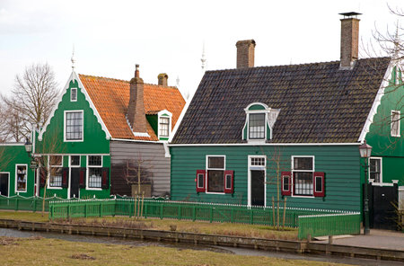 Green houses in Zaanse Schans museum, Netherlandsの写真素材