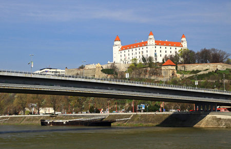 Castle in capital city of Slovakia - Bratislava from river Danubeのeditorial素材