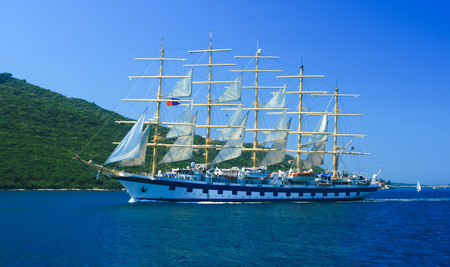 Sailboat at the bay of Kotor - Boka Kotorska, Montenegro のeditorial素材