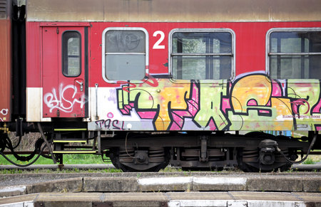 RUZOMBEROK, SLOVAKIA - APRIL 25: Old sprayed wagon at train station on April 25, 2014 in Ruzomberokのeditorial素材