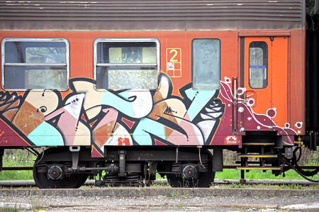 RUZOMBEROK, SLOVAKIA - APRIL 25: Old sprayed wagon at train station on April 25, 2014 in Ruzomberokのeditorial素材