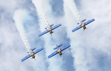 SLIAC, SLOVAKIA - AUGUST 30: Aerobatic Team Flying Bulls at International air fest SIAF 2012 at airport Sliac on August 30, 2014 in Sliacのeditorial素材