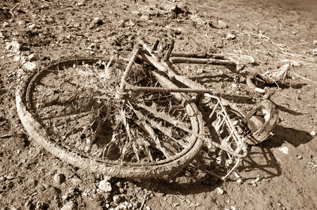 Water pollution - old bike in the pondの写真素材