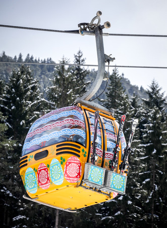 RUZOMBEROK, SLOVAKIA- APRIL 4: Cableway during Easter in ski resort Malino Brdo on April 4, 2015 in Ruzomberokのeditorial素材