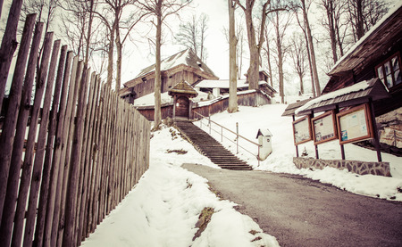 LESTINY, SLOVAKIA - APRIL 05: Wooden church at village Lestiny on APRIL 05, 2015 in Lestinyのeditorial素材