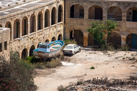 Ruined ship and car in island Comino, Maltaのeditorial素材